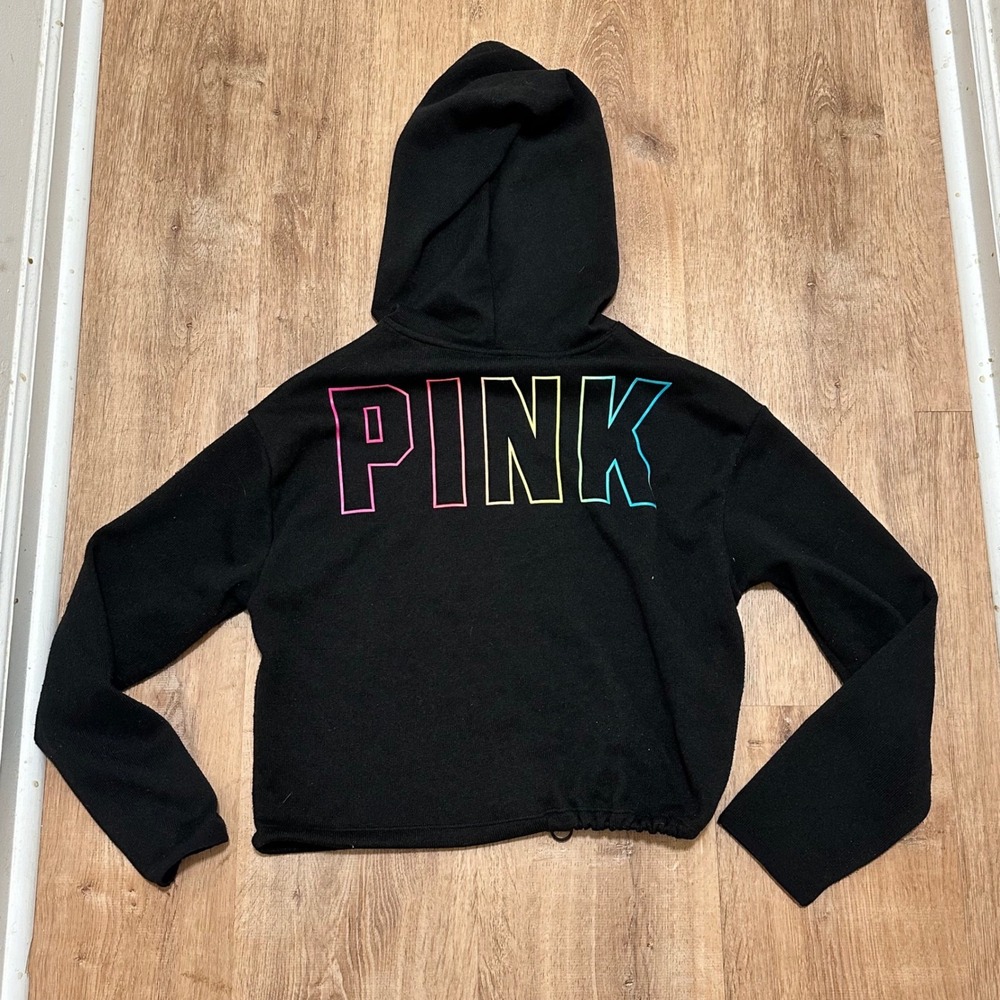 Pink Victoria's Secret | Women's Black Rainbow Gradient‎ Logo Cropped Hoodie, S